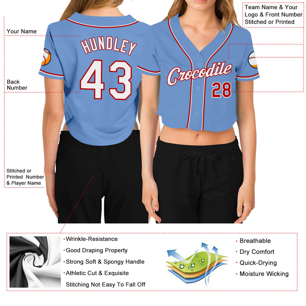 Custom Women's Light Blue White-Red V-Neck Cropped Baseball Jersey - Sky-Custom