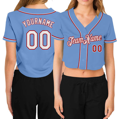 Custom Women's Light Blue White-Red V-Neck Cropped Baseball Jersey - Sky-Custom