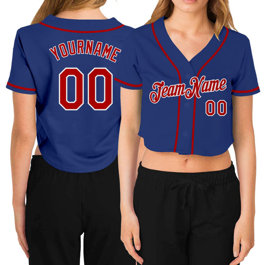 Custom Women's Royal Red-White V-Neck Cropped Baseball Jersey - Sky-Custom