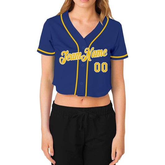 Custom Women's Royal Gold-White V-Neck Cropped Baseball Jersey - Sky-Custom