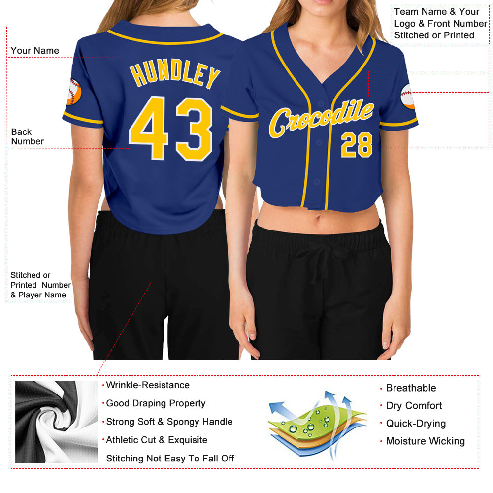 Custom Women's Royal Gold-White V-Neck Cropped Baseball Jersey - Sky-Custom