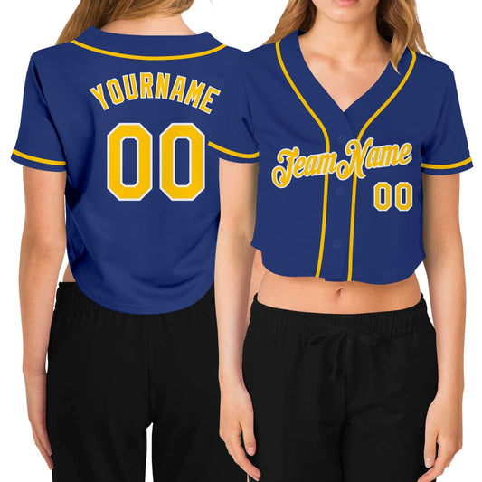 Custom Women's Royal Gold-White V-Neck Cropped Baseball Jersey - Sky-Custom