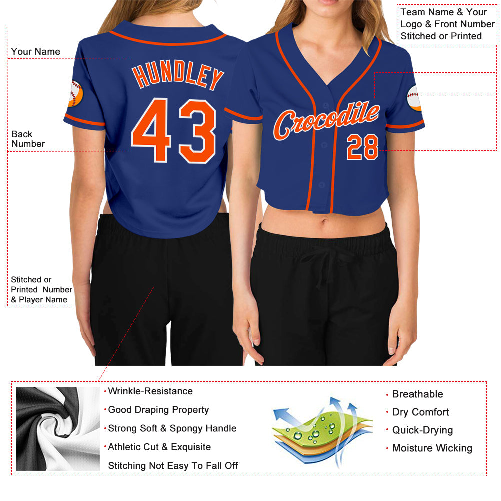 Custom Women's Royal Orange-White V-Neck Cropped Baseball Jersey - Sky-Custom