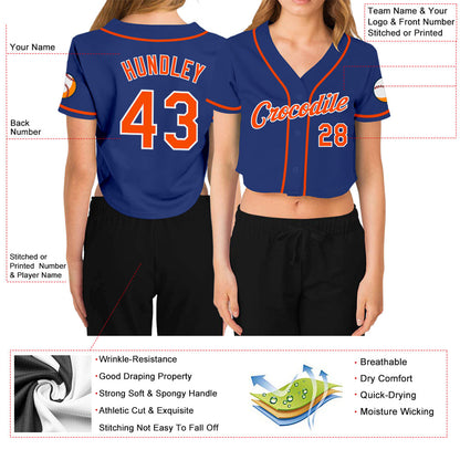 Custom Women's Royal Orange-White V-Neck Cropped Baseball Jersey - Sky-Custom