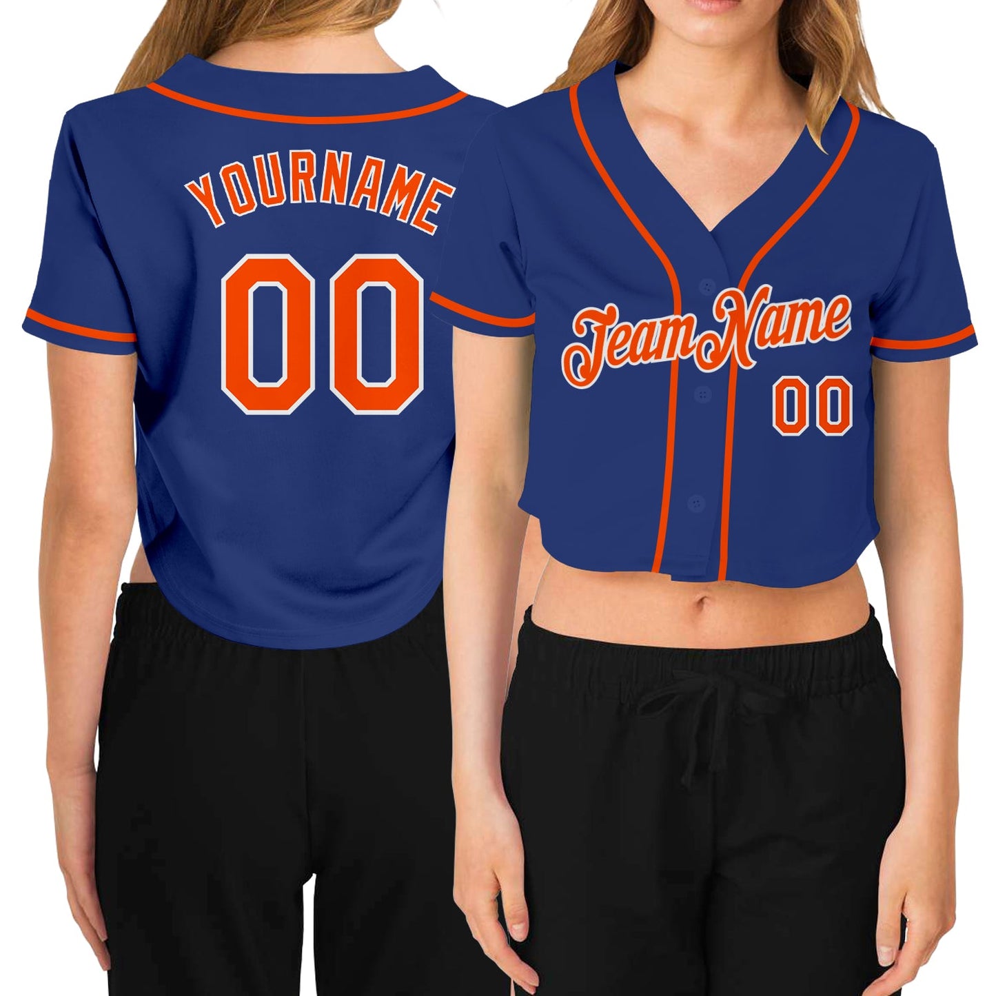 Custom Women's Royal Orange-White V-Neck Cropped Baseball Jersey - Sky-Custom