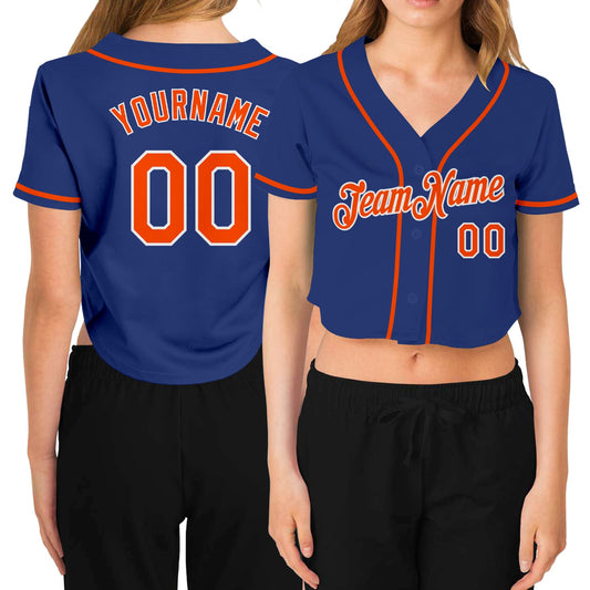 Custom Women's Royal Orange-White V-Neck Cropped Baseball Jersey - Sky-Custom