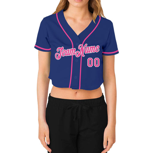 Custom Women's Royal Pink-White V-Neck Cropped Baseball Jersey - Sky-Custom