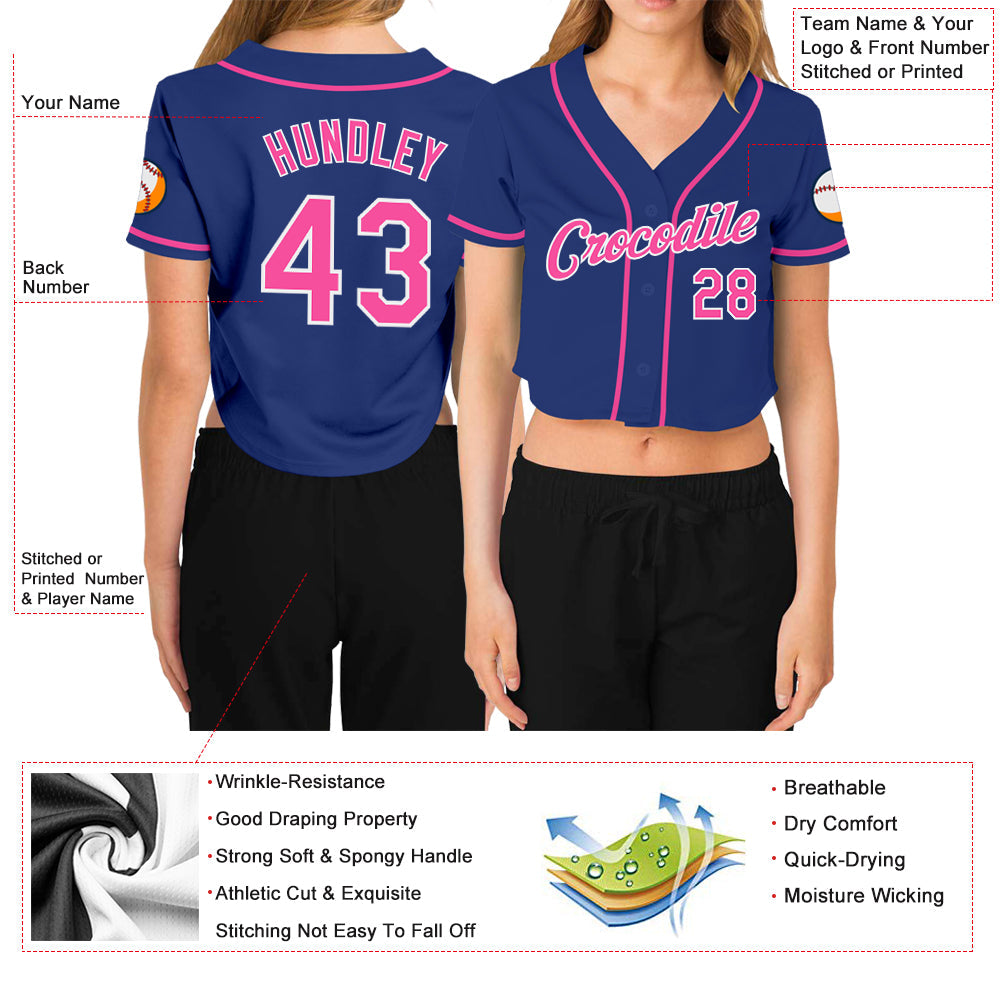 Custom Women's Royal Pink-White V-Neck Cropped Baseball Jersey - Sky-Custom