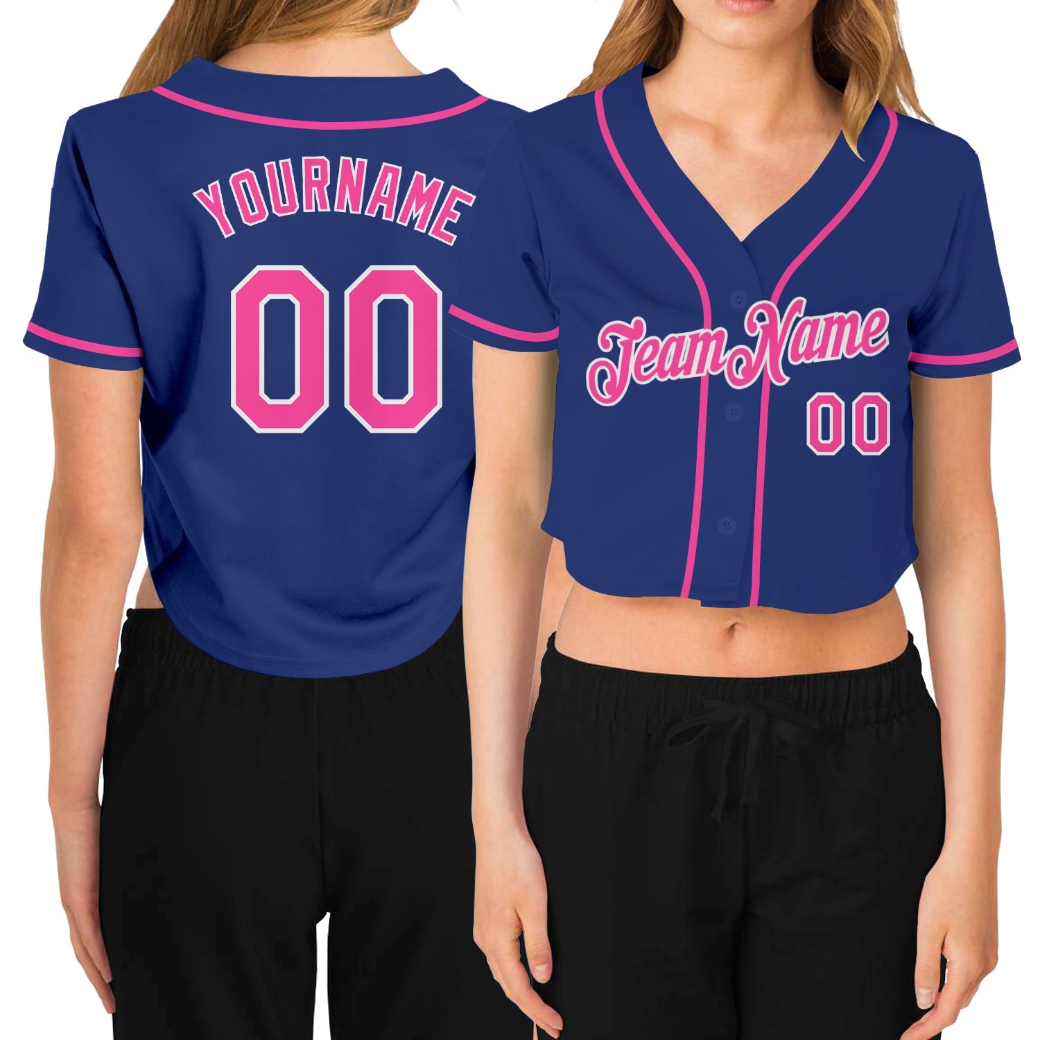 Custom Women's Royal Pink-White V-Neck Cropped Baseball Jersey - Sky-Custom
