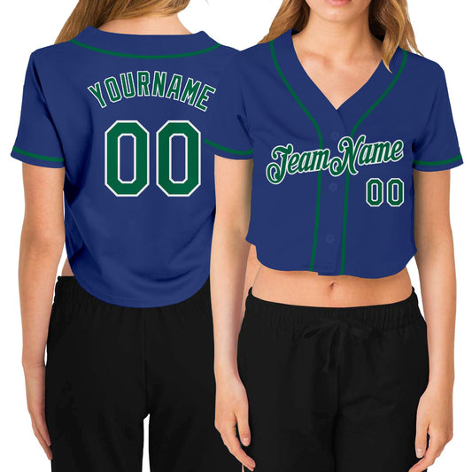 Custom Women's Royal Kelly Green-White V-Neck Cropped Baseball Jersey - Sky-Custom