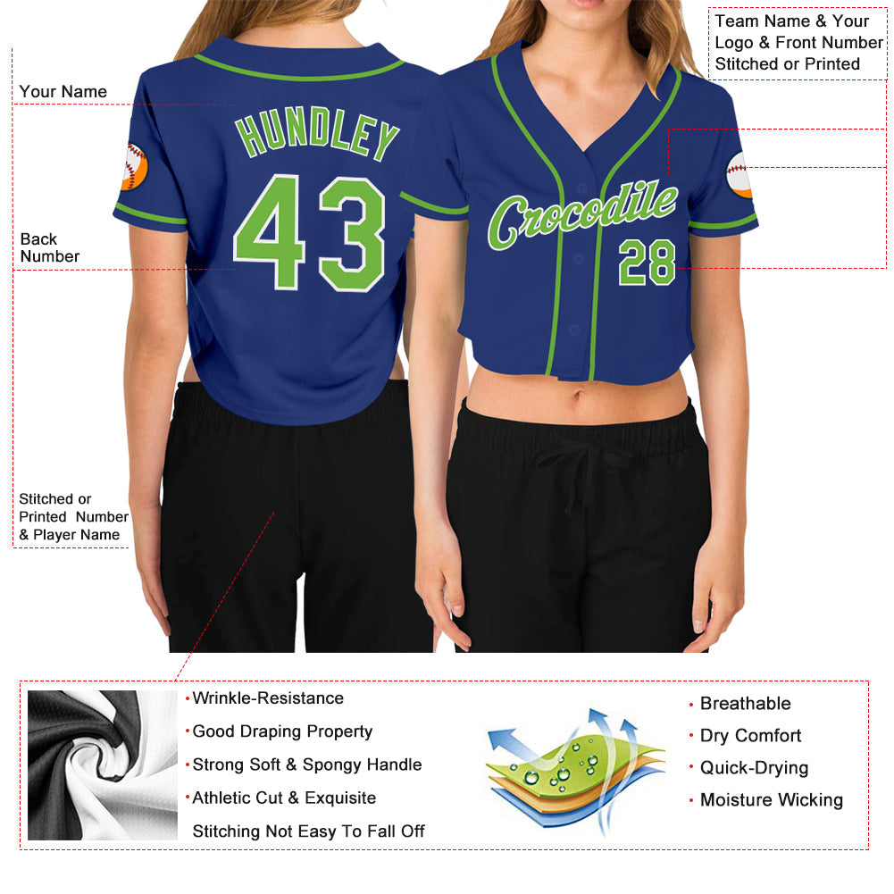 Custom Women's Royal Neon Green-White V-Neck Cropped Baseball Jersey - Sky-Custom