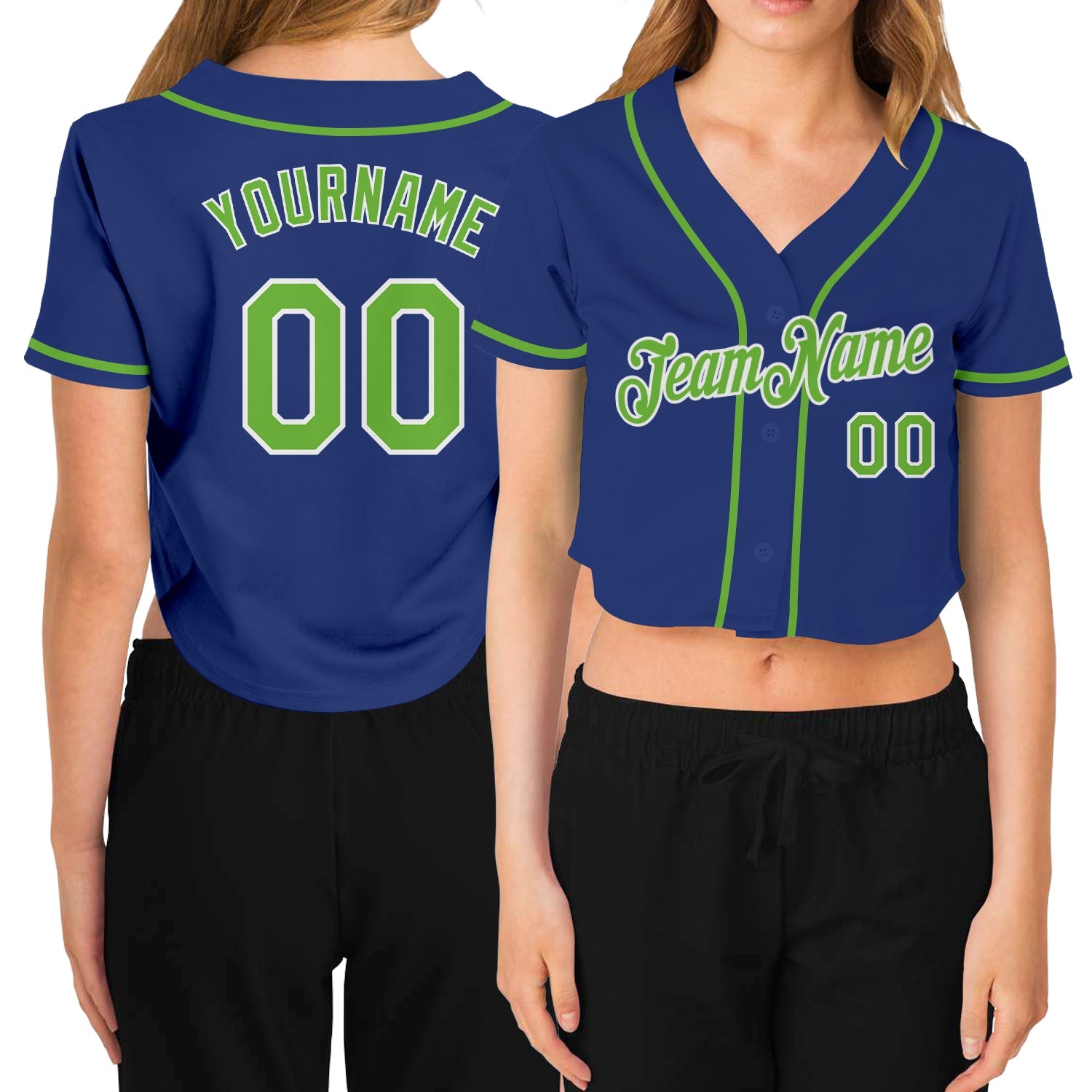 Custom Women's Royal Neon Green-White V-Neck Cropped Baseball Jersey - Sky-Custom