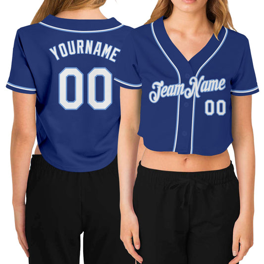 Custom Women's Royal White-Light Blue V-Neck Cropped Baseball Jersey - Sky-Custom