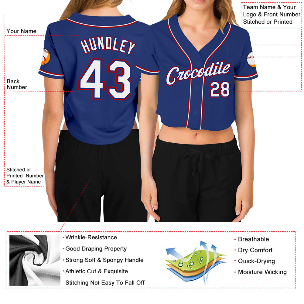 Custom Women's Royal White-Red V-Neck Cropped Baseball Jersey - Sky-Custom