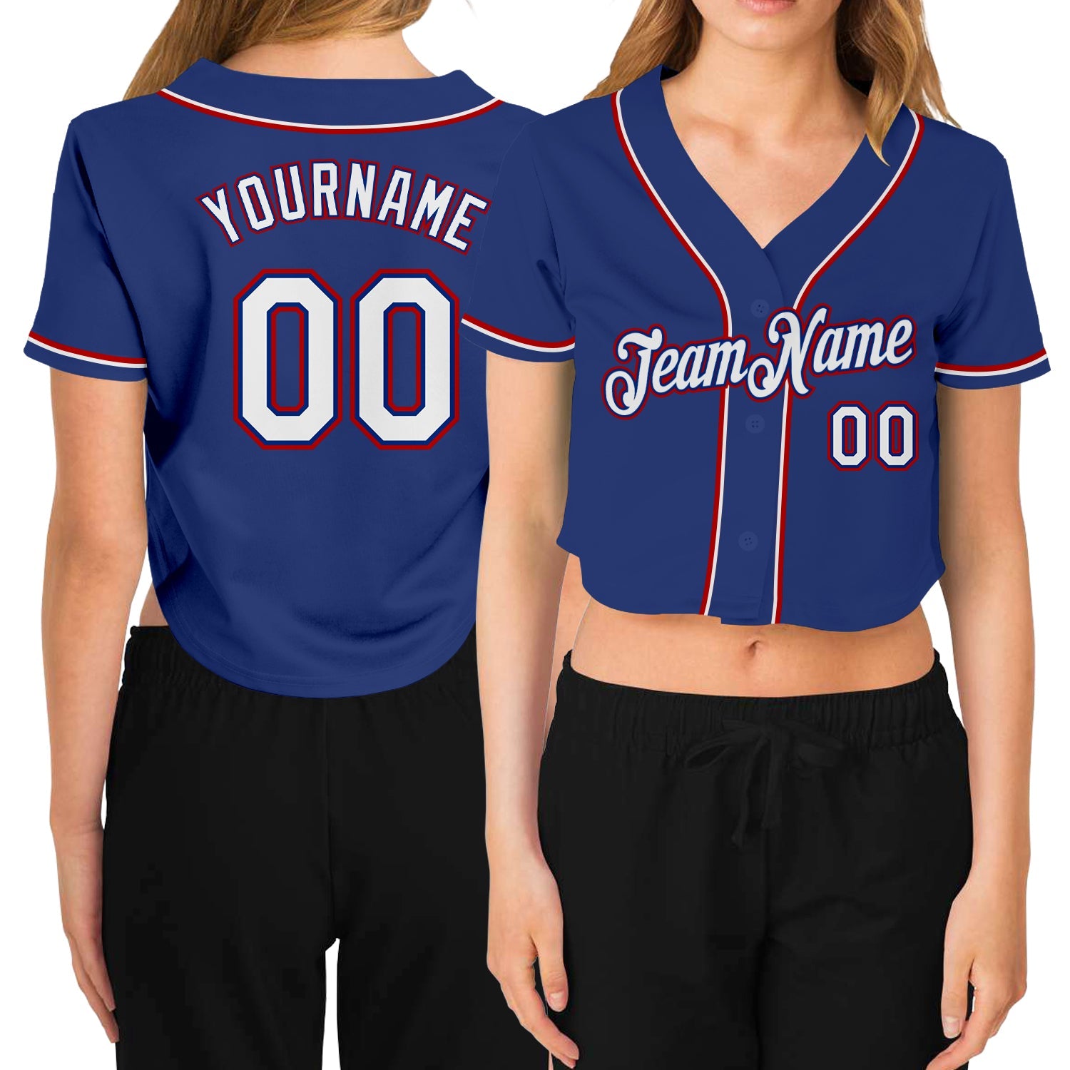 Custom Women's Royal White-Red V-Neck Cropped Baseball Jersey - Sky-Custom