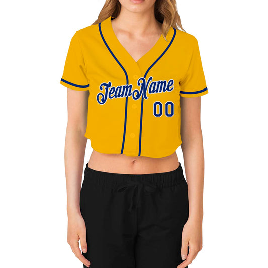 Custom Women's Gold Royal-White V-Neck Cropped Baseball Jersey - Sky-Custom