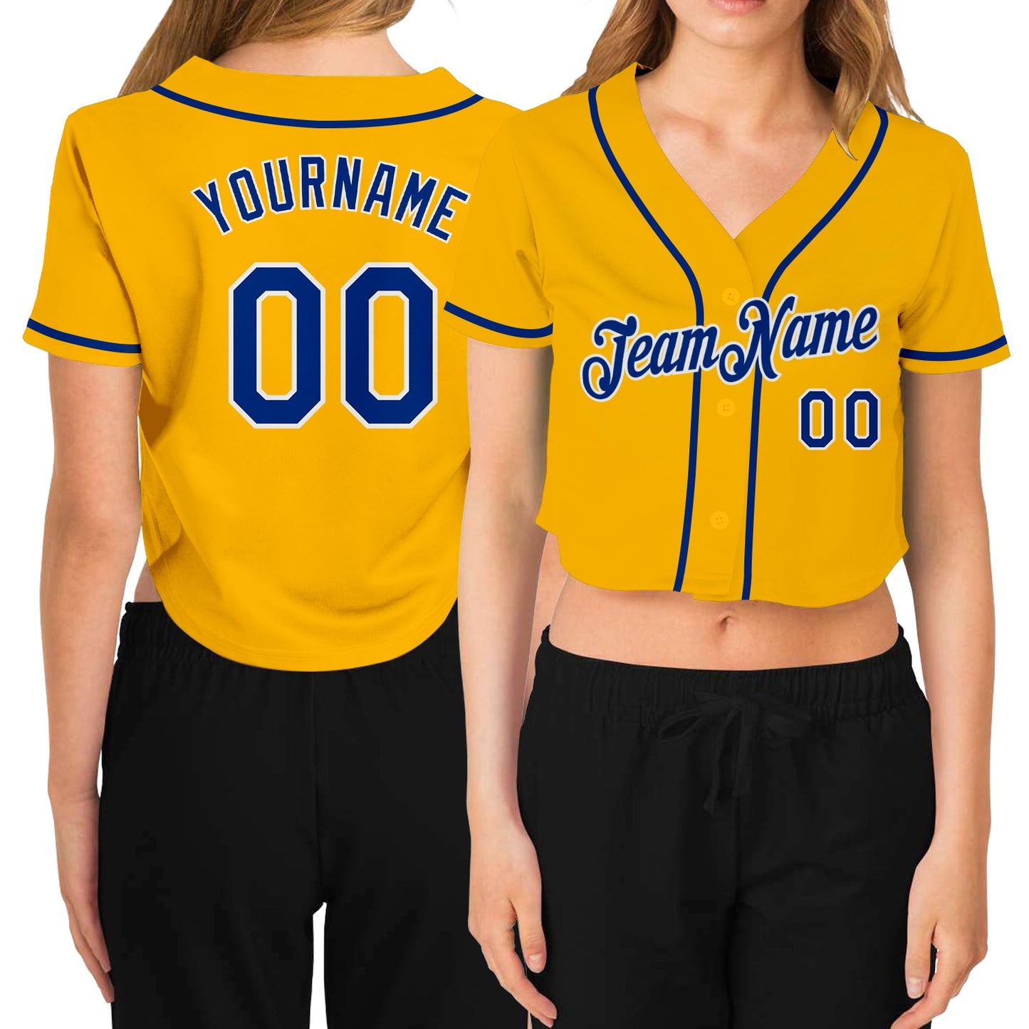 Custom Women's Gold Royal-White V-Neck Cropped Baseball Jersey - Sky-Custom