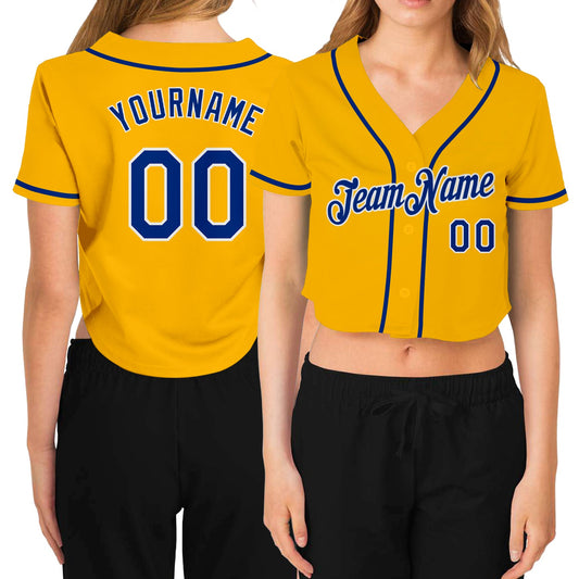 Custom Women's Gold Royal-White V-Neck Cropped Baseball Jersey - Sky-Custom