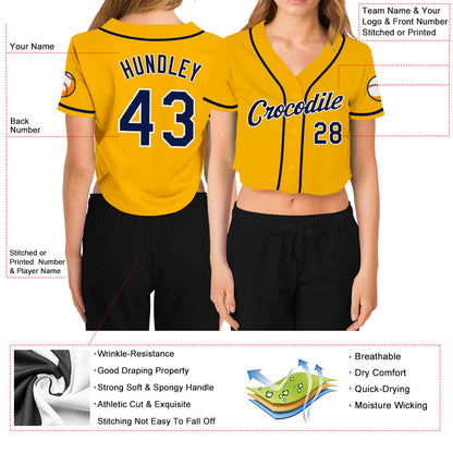 Custom Women's Gold Navy-White V-Neck Cropped Baseball Jersey - Sky-Custom