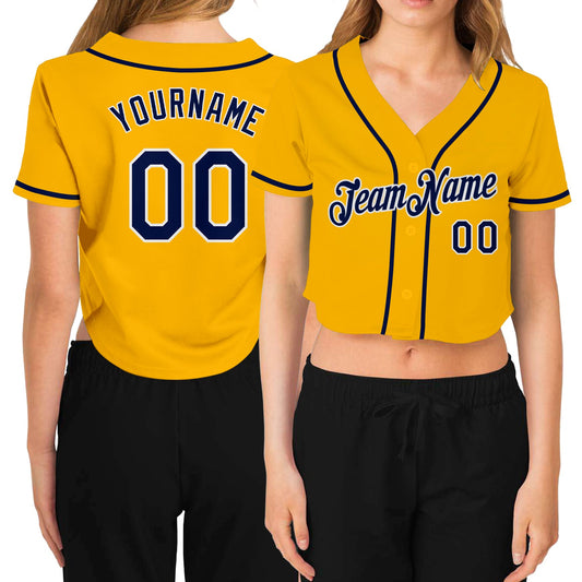 Custom Women's Gold Navy-White V-Neck Cropped Baseball Jersey - Sky-Custom