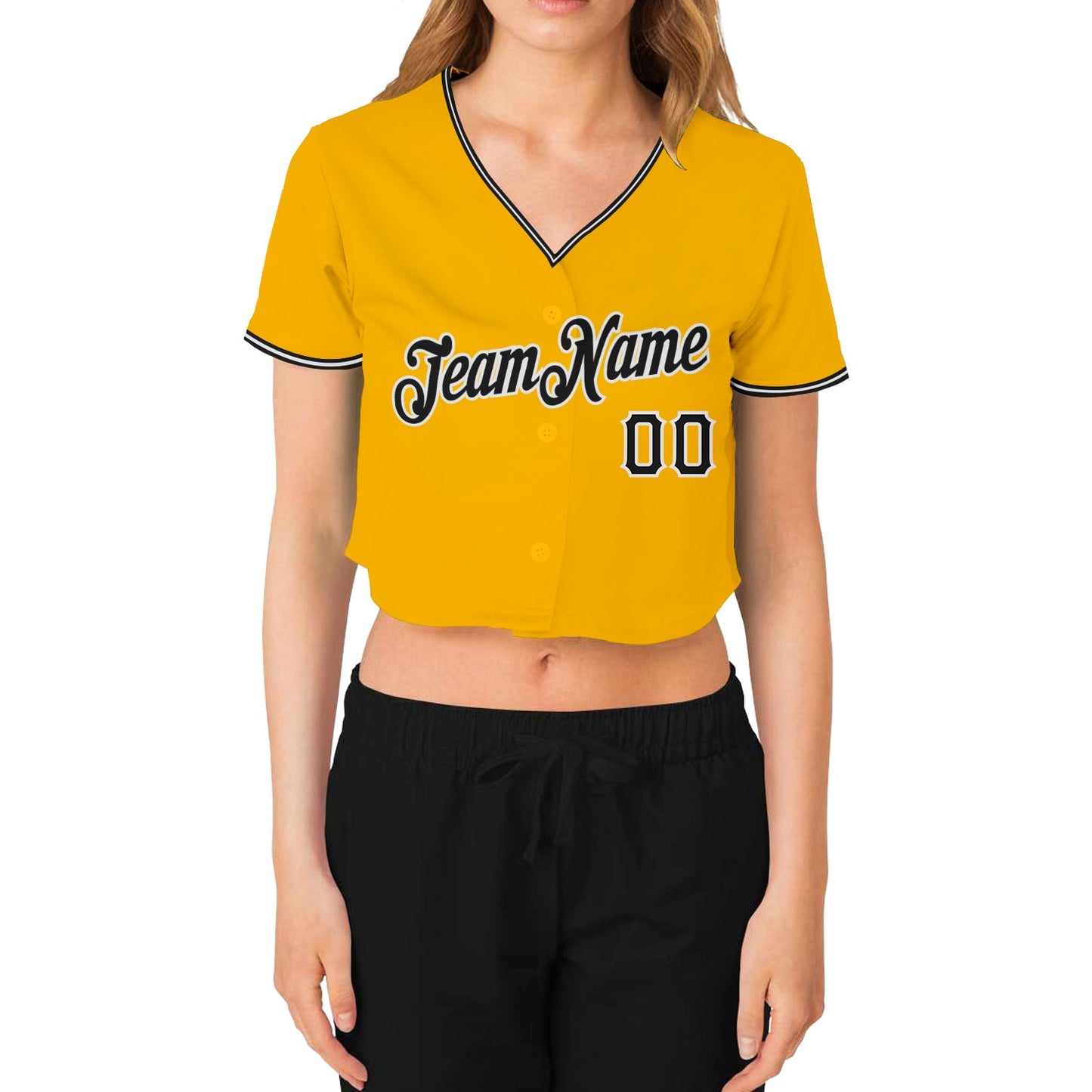 Custom Women's Gold Black-White V-Neck Cropped Baseball Jersey - Sky-Custom