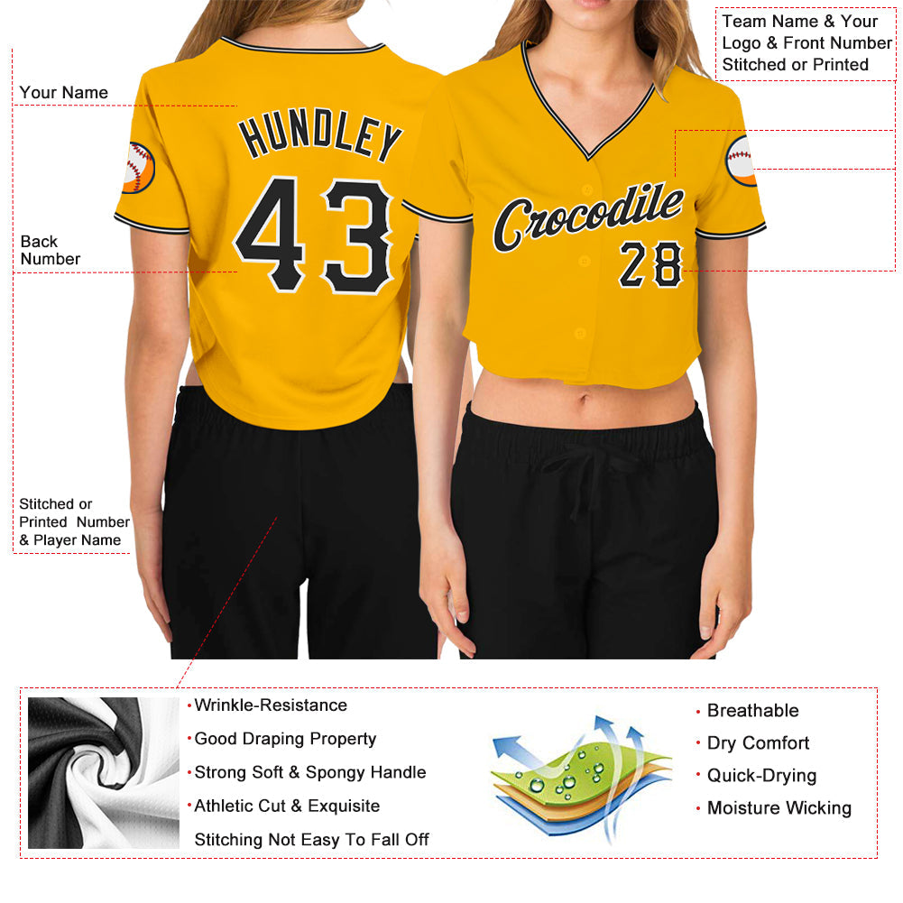 Custom Women's Gold Black-White V-Neck Cropped Baseball Jersey - Sky-Custom