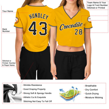 Custom Women's Gold Black-White V-Neck Cropped Baseball Jersey - Sky-Custom