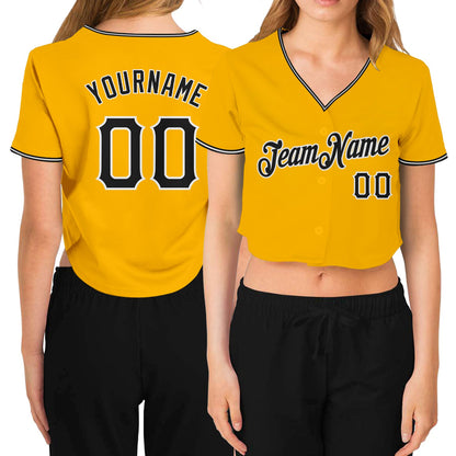 Custom Women's Gold Black-White V-Neck Cropped Baseball Jersey - Sky-Custom