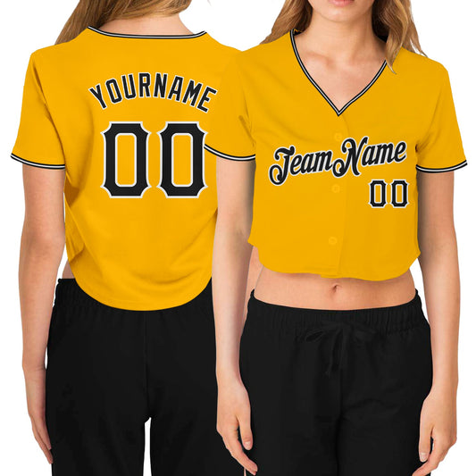 Custom Women's Gold Black-White V-Neck Cropped Baseball Jersey - Sky-Custom