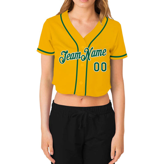 Custom Women's Gold Kelly Green-White V-Neck Cropped Baseball Jersey - Sky-Custom