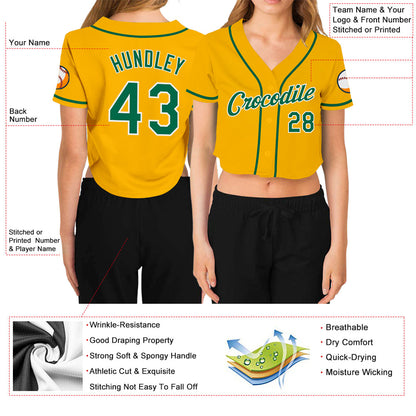 Custom Women's Gold Kelly Green-White V-Neck Cropped Baseball Jersey - Sky-Custom