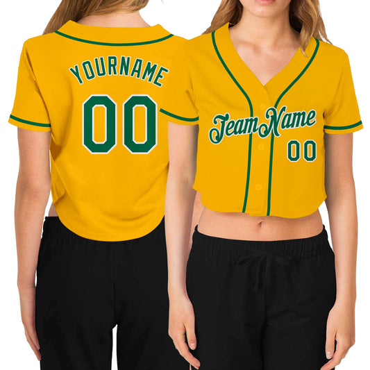 Custom Women's Gold Kelly Green-White V-Neck Cropped Baseball Jersey - Sky-Custom