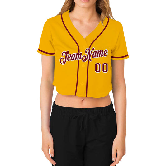 Custom Women's Gold Crimson-White V-Neck Cropped Baseball Jersey - Sky-Custom