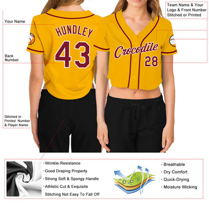 Custom Women's Gold Crimson-White V-Neck Cropped Baseball Jersey - Sky-Custom