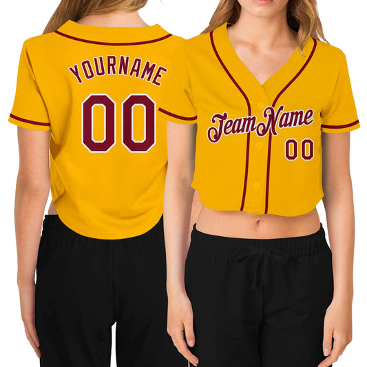 Custom Women's Gold Crimson-White V-Neck Cropped Baseball Jersey - Sky-Custom