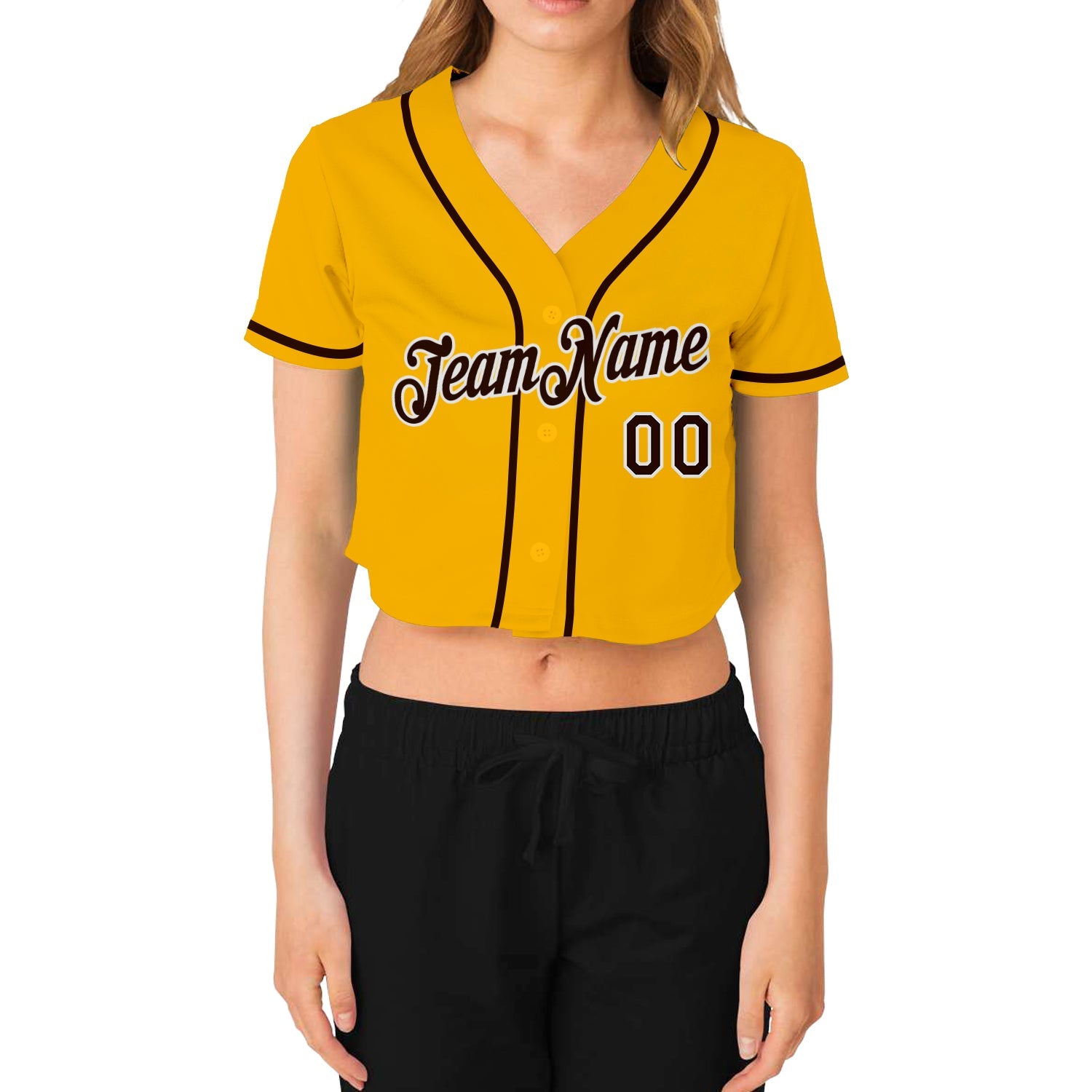 Custom Women's Gold Brown-White V-Neck Cropped Baseball Jersey - Sky-Custom