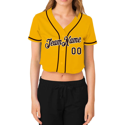 Custom Women's Gold Brown-White V-Neck Cropped Baseball Jersey - Sky-Custom
