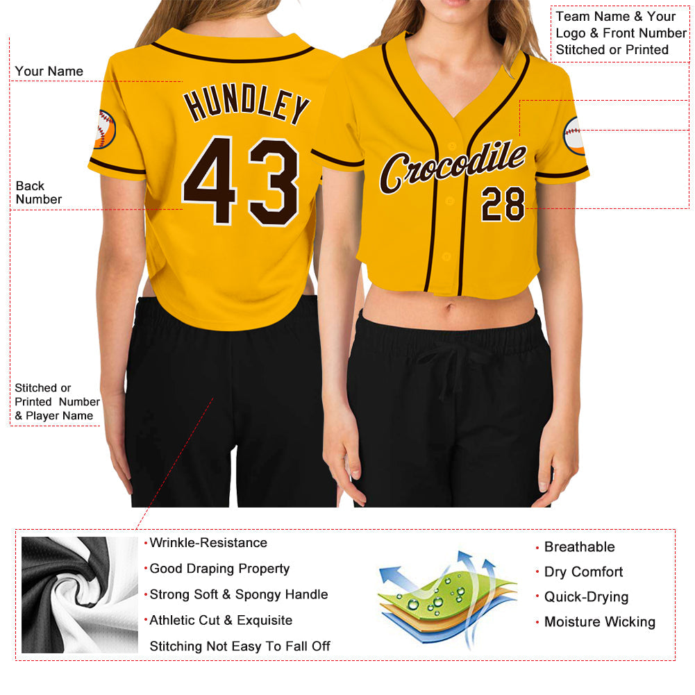 Custom Women's Gold Brown-White V-Neck Cropped Baseball Jersey - Sky-Custom
