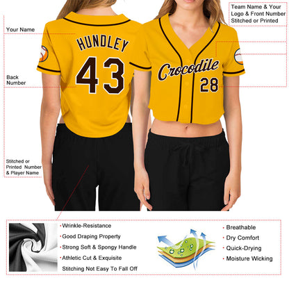 Custom Women's Gold Brown-White V-Neck Cropped Baseball Jersey - Sky-Custom