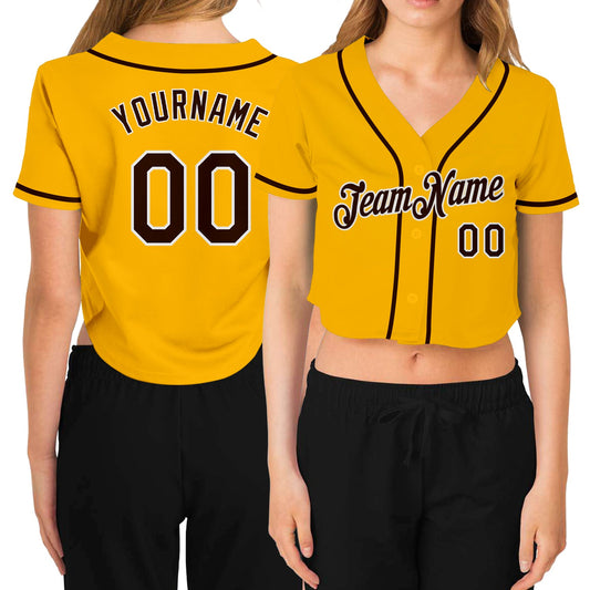 Custom Women's Gold Brown-White V-Neck Cropped Baseball Jersey - Sky-Custom