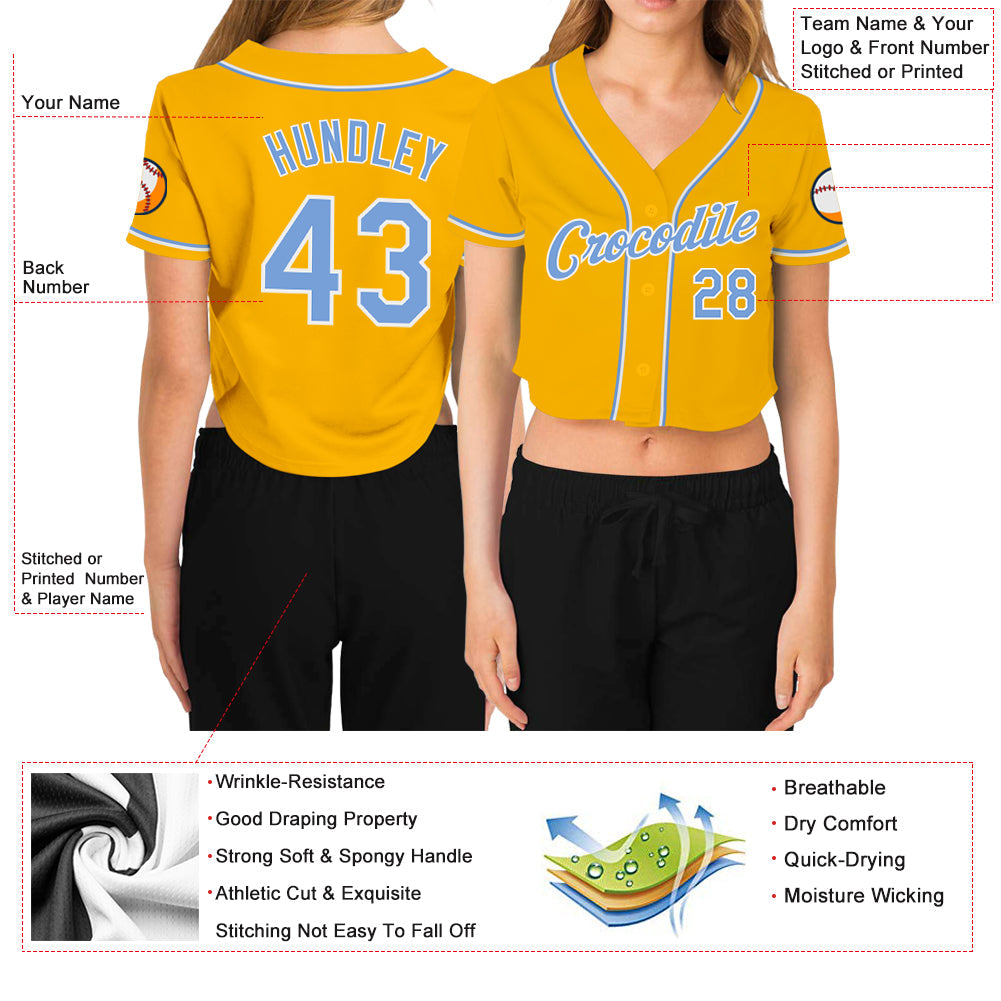 Custom Women's Gold Light Blue-White V-Neck Cropped Baseball Jersey - Sky-Custom