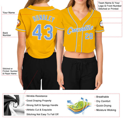 Custom Women's Gold Light Blue-White V-Neck Cropped Baseball Jersey - Sky-Custom