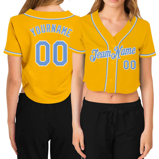Custom Women's Gold Light Blue-White V-Neck Cropped Baseball Jersey - Sky-Custom