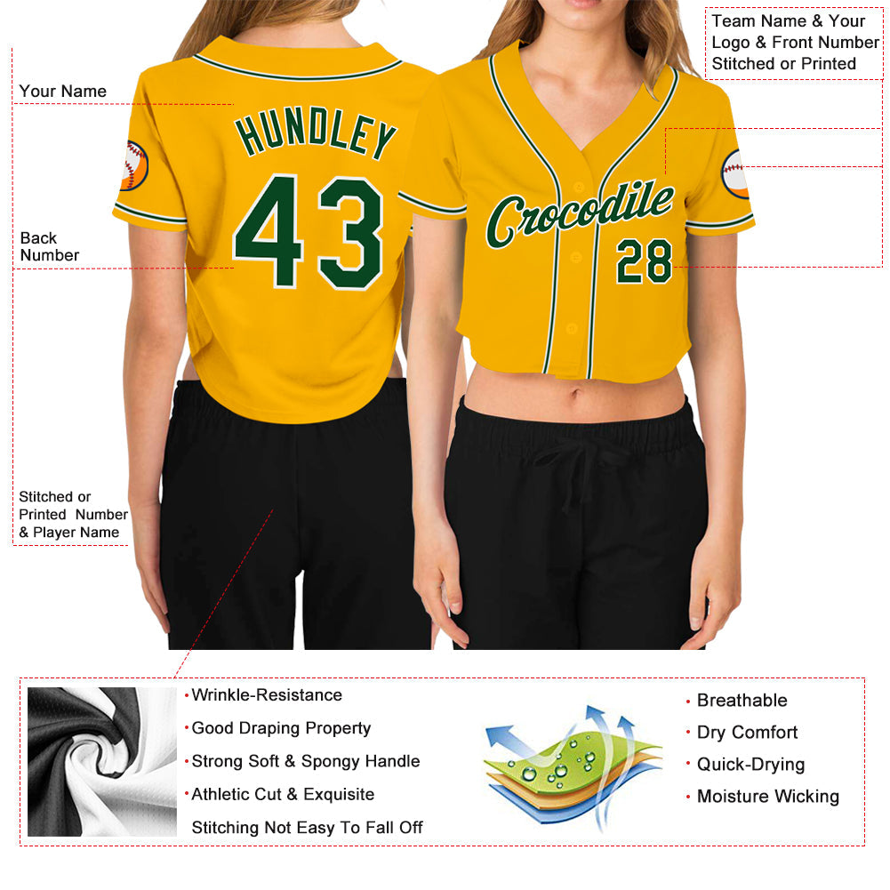 Custom Women's Gold Green-White V-Neck Cropped Baseball Jersey - Sky-Custom