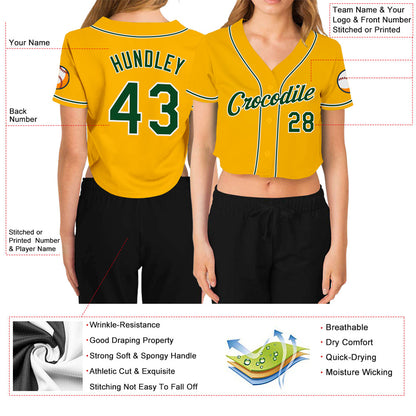 Custom Women's Gold Green-White V-Neck Cropped Baseball Jersey - Sky-Custom