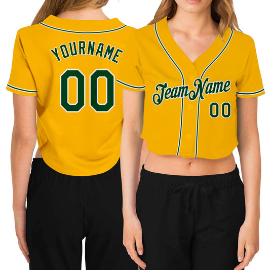 Custom Women's Gold Green-White V-Neck Cropped Baseball Jersey - Sky-Custom