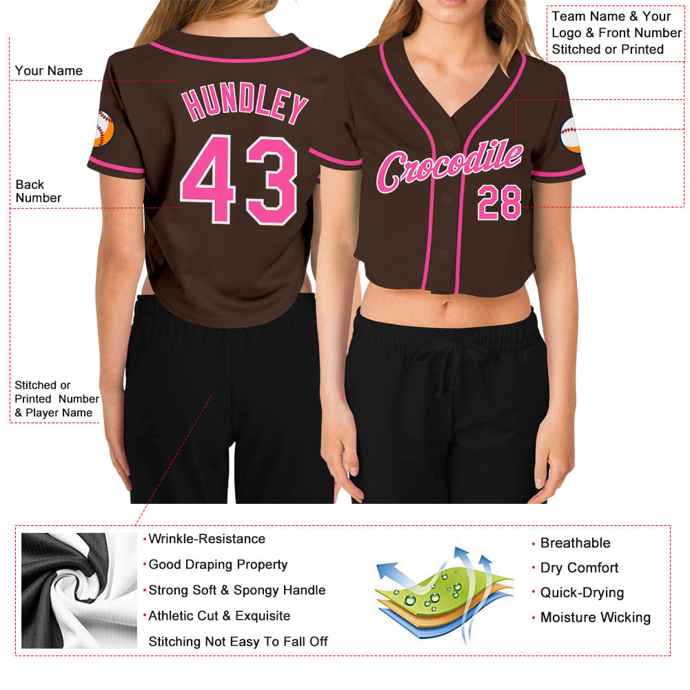 Custom Women's Brown Pink-White V-Neck Cropped Baseball Jersey - Sky-Custom