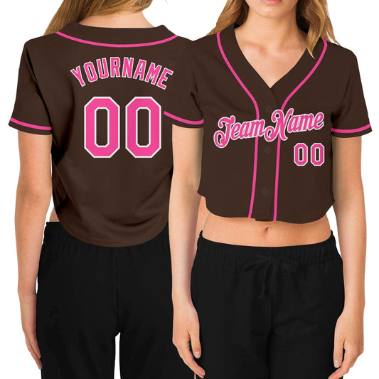 Custom Women's Brown Pink-White V-Neck Cropped Baseball Jersey - Sky-Custom