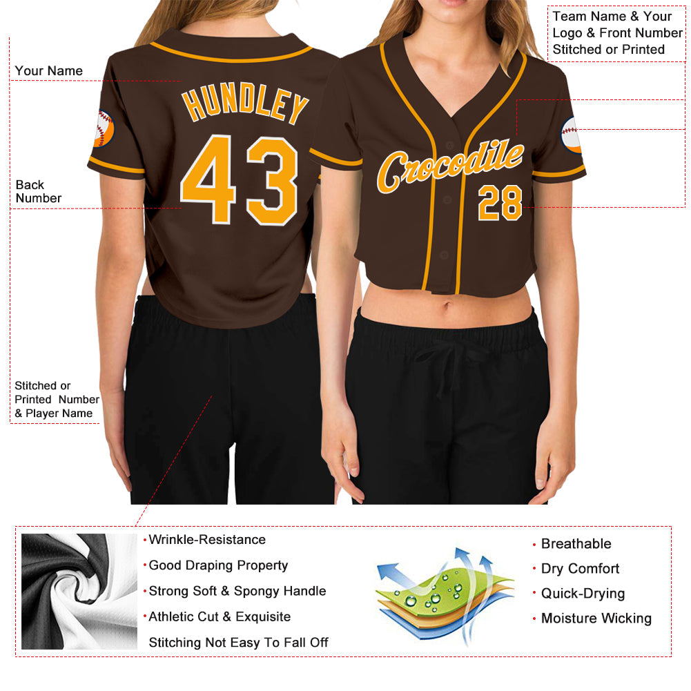 Custom Women's Brown Gold-White V-Neck Cropped Baseball Jersey - Sky-Custom