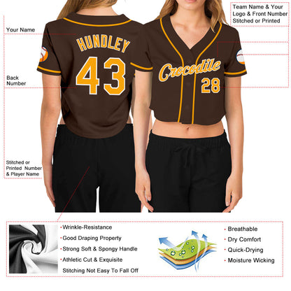 Custom Women's Brown Gold-White V-Neck Cropped Baseball Jersey - Sky-Custom